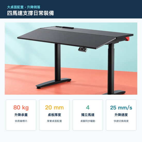 電動傾斜升降桌｜0–15°桌面傾斜・73–122cm・四馬達